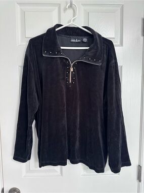 Natalie & Me Active Woman Black Velour Top with Zip Collar and Stud Detail